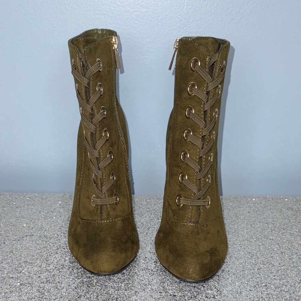 Anne Michelle Khaki Lace-Up Heeled Ankle Boots Size 8 - Picture 8 of 9